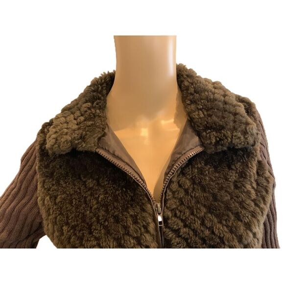 Tiara Brown Faux Fur Zip-up Ribbed Sleeves Collar Womens Sweater Size Large - Picture 2 of 13